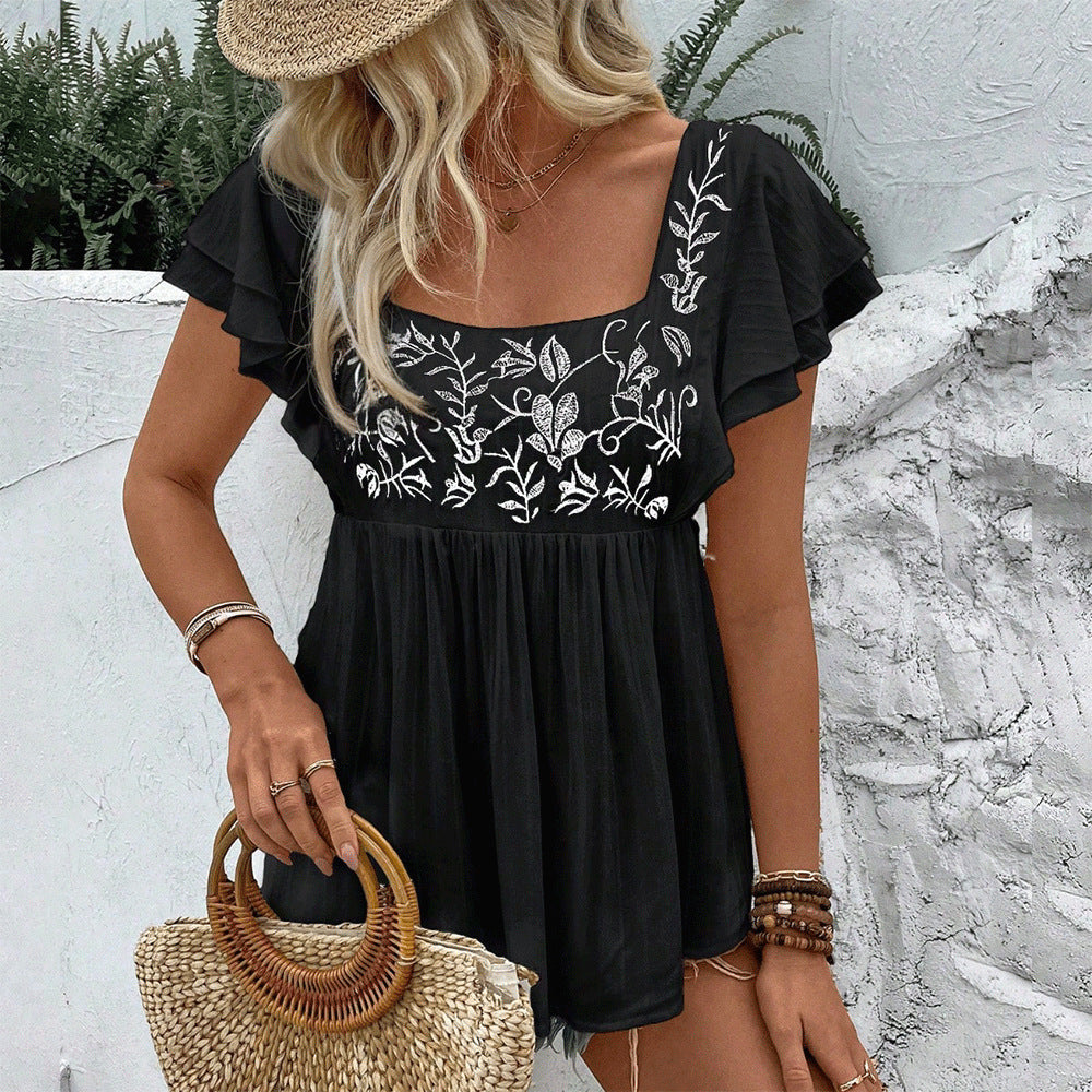 Women’s lace-trimmed square-neck embroidered blouse in black with light floral embroidery
