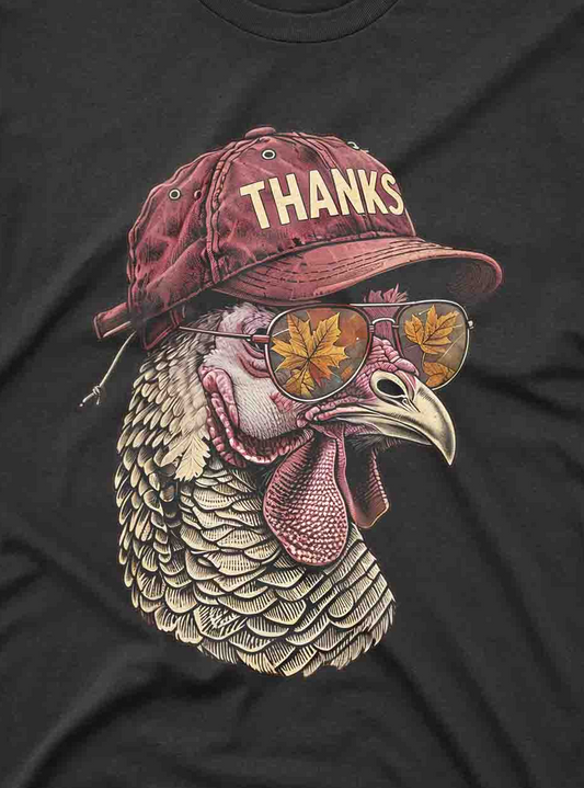 funny turkey graphic tee for Thanksgiving featuring cool bird with fall leaves reflection
