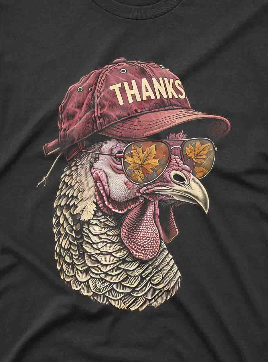 funny turkey graphic tee for Thanksgiving featuring cool bird with fall leaves reflection
