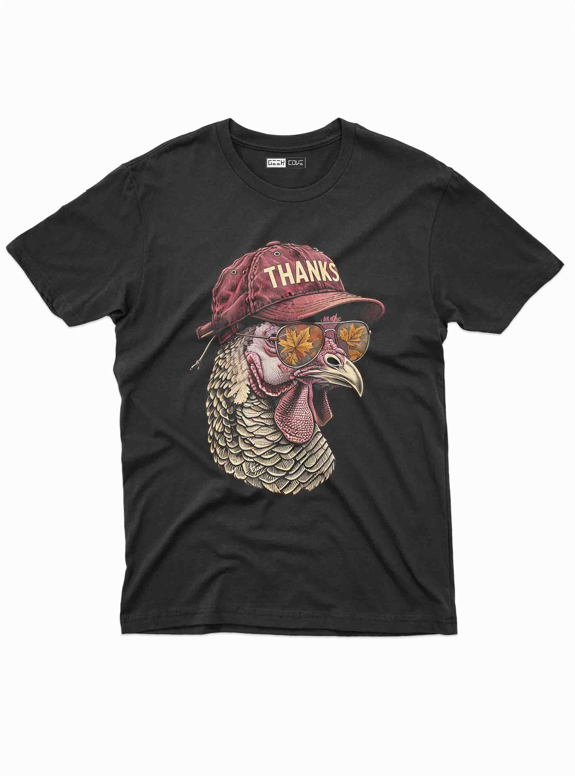 black Thanksgiving t shirt with turkey wearing red hat that says thanks and autumn sunglasses