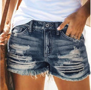 Women's ripped fringed denim shorts in Dark Blue with original GeekCove graphic print