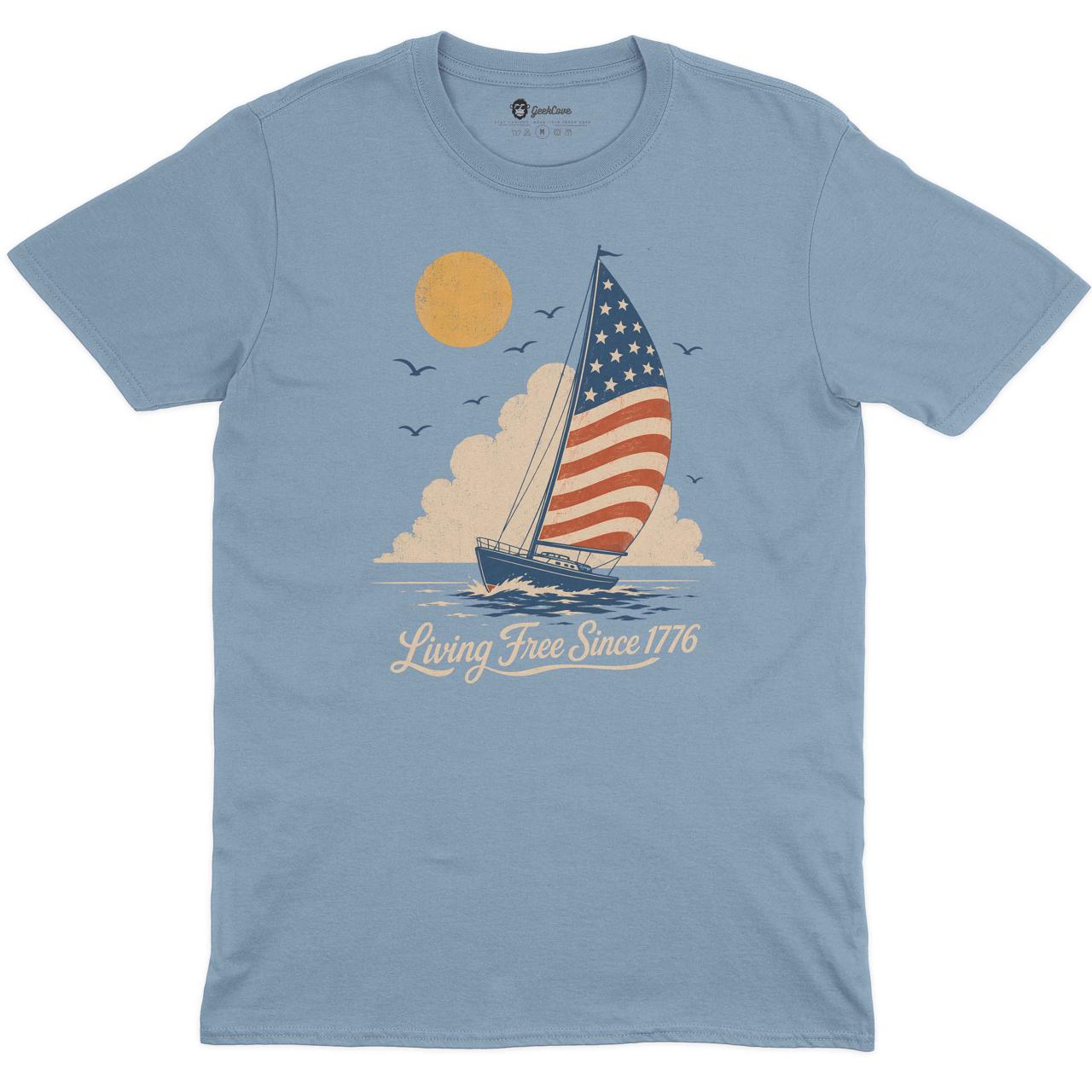Living Free Since 1776 Crew Neck Tee in LIGHT BLUE with original GeekCove graphic print
