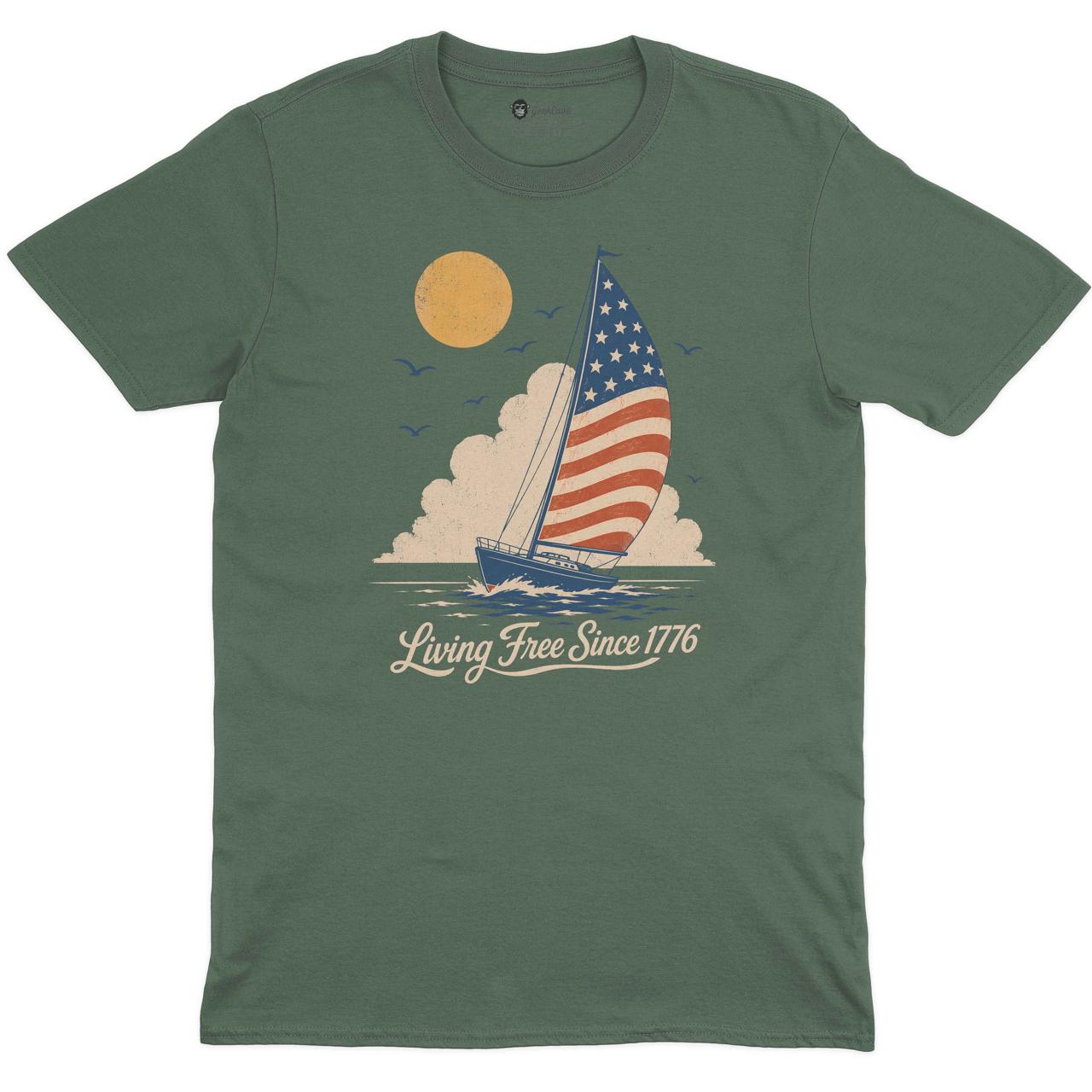 Living Free Since 1776 Crew Neck Tee in MILITARY GREEN with original GeekCove graphic print