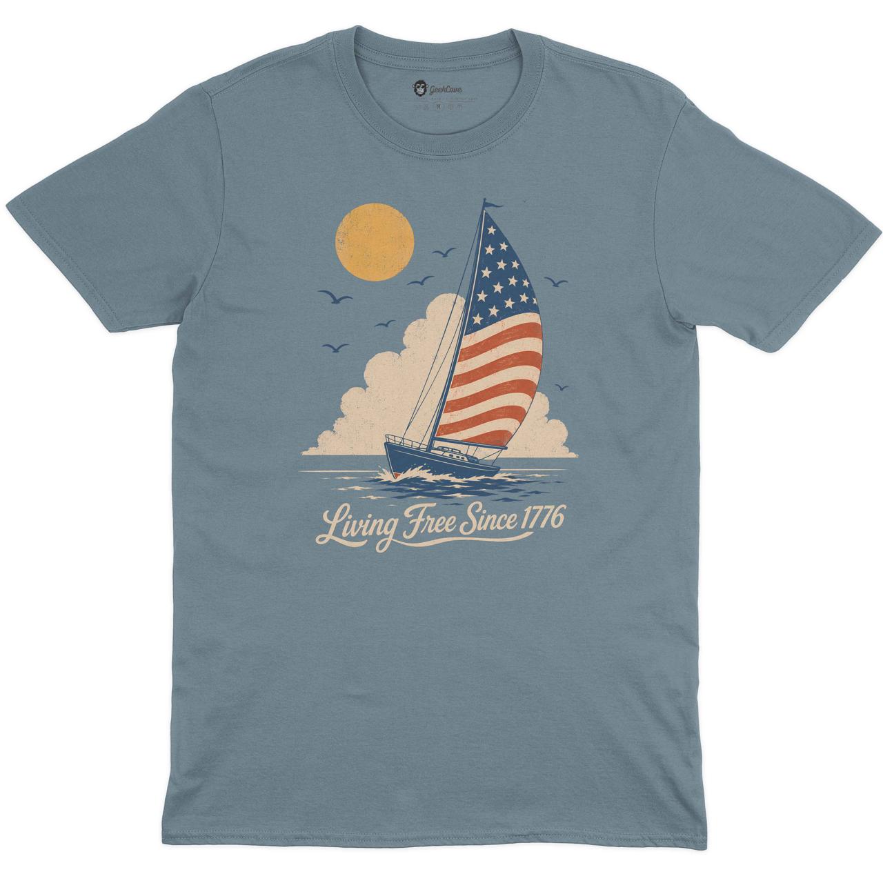Living Free Since 1776 Crew Neck Tee in Stone Blue with original GeekCove graphic print