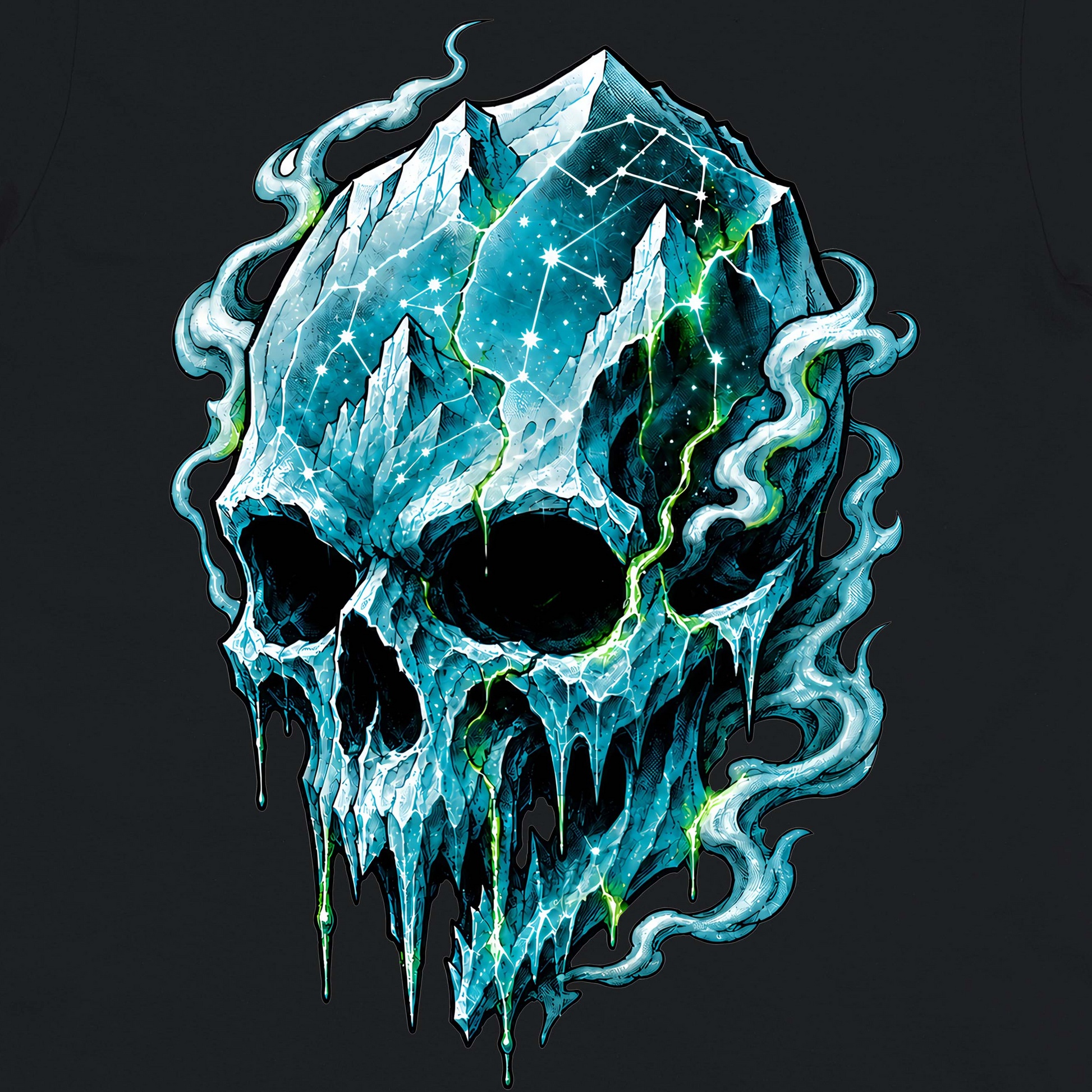 Glacier Skull Constellation Crew Neck Tee artwork close-up - icy blue skull constellation artwork