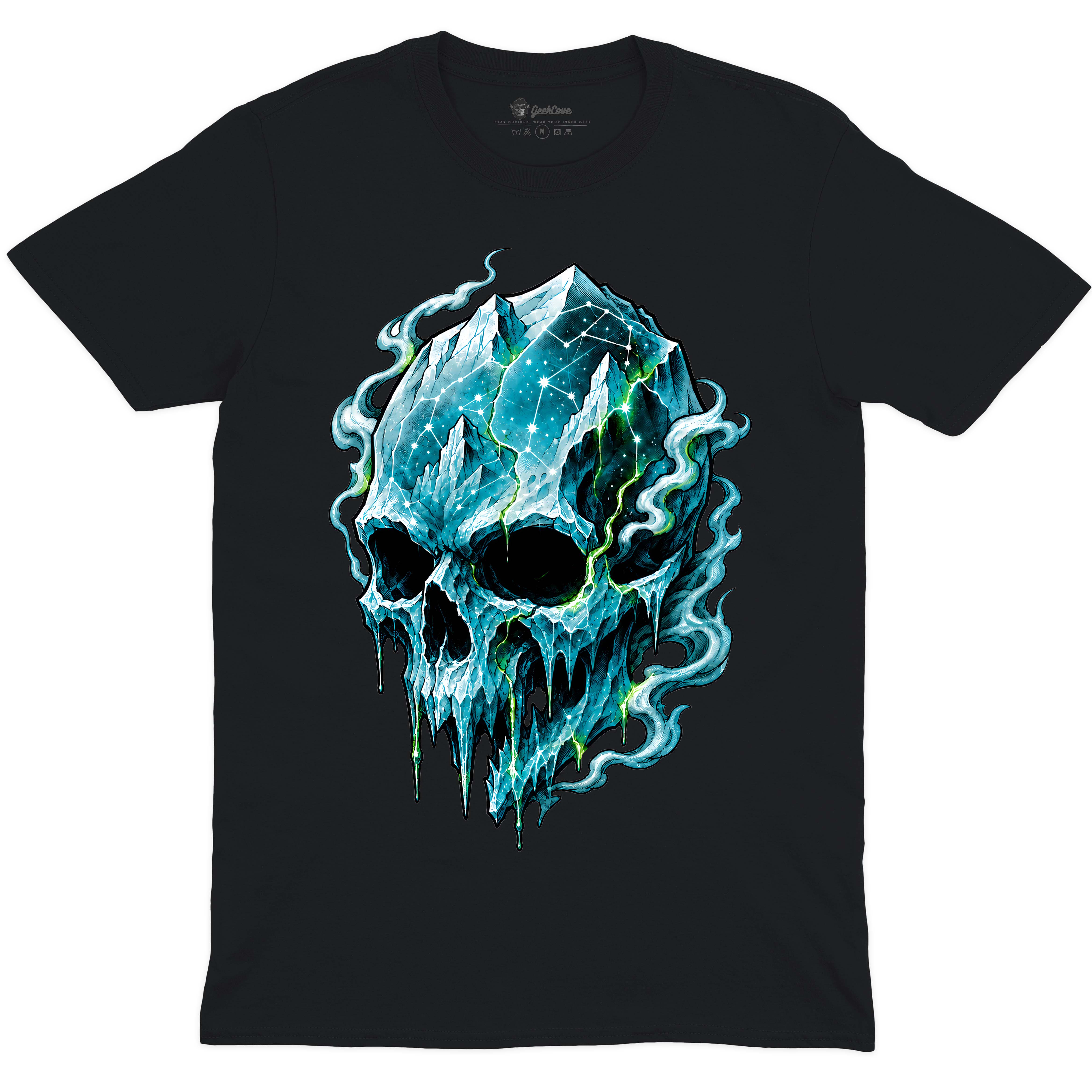 Glacier Skull Constellation Crew Neck Tee - black shirt with icy blue skull constellation artwork