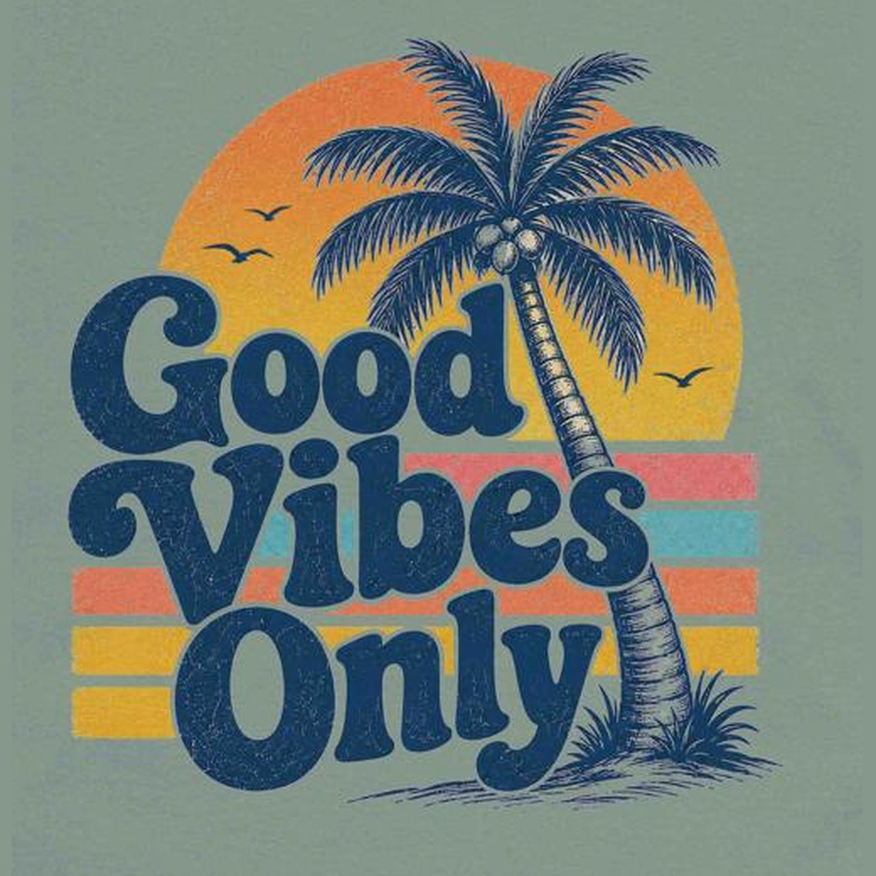Good Vibes Only Palm Tree Crew Neck Tee sage close-up detail of Good Vibes Only palm tree sunset print on cotton fabric without sleeves