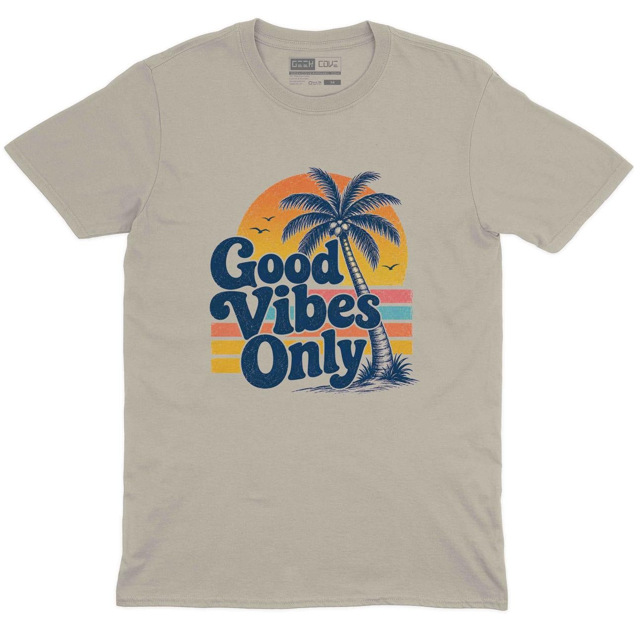 Good Vibes Only Palm Tree Crew Neck Tee in Sand with Good Vibes Only palm tree sunset beach artwork