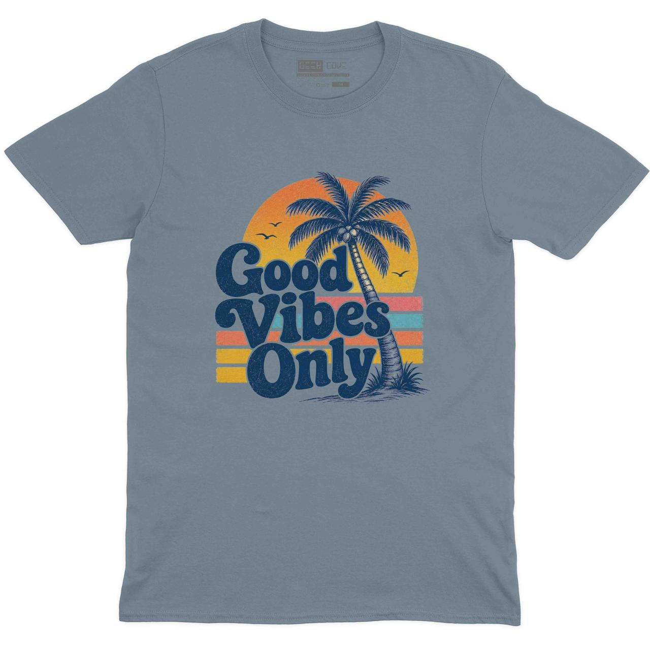 Good Vibes Only Palm Tree Crew Neck Tee in Stone Blue with Good Vibes Only palm tree sunset beach artwork