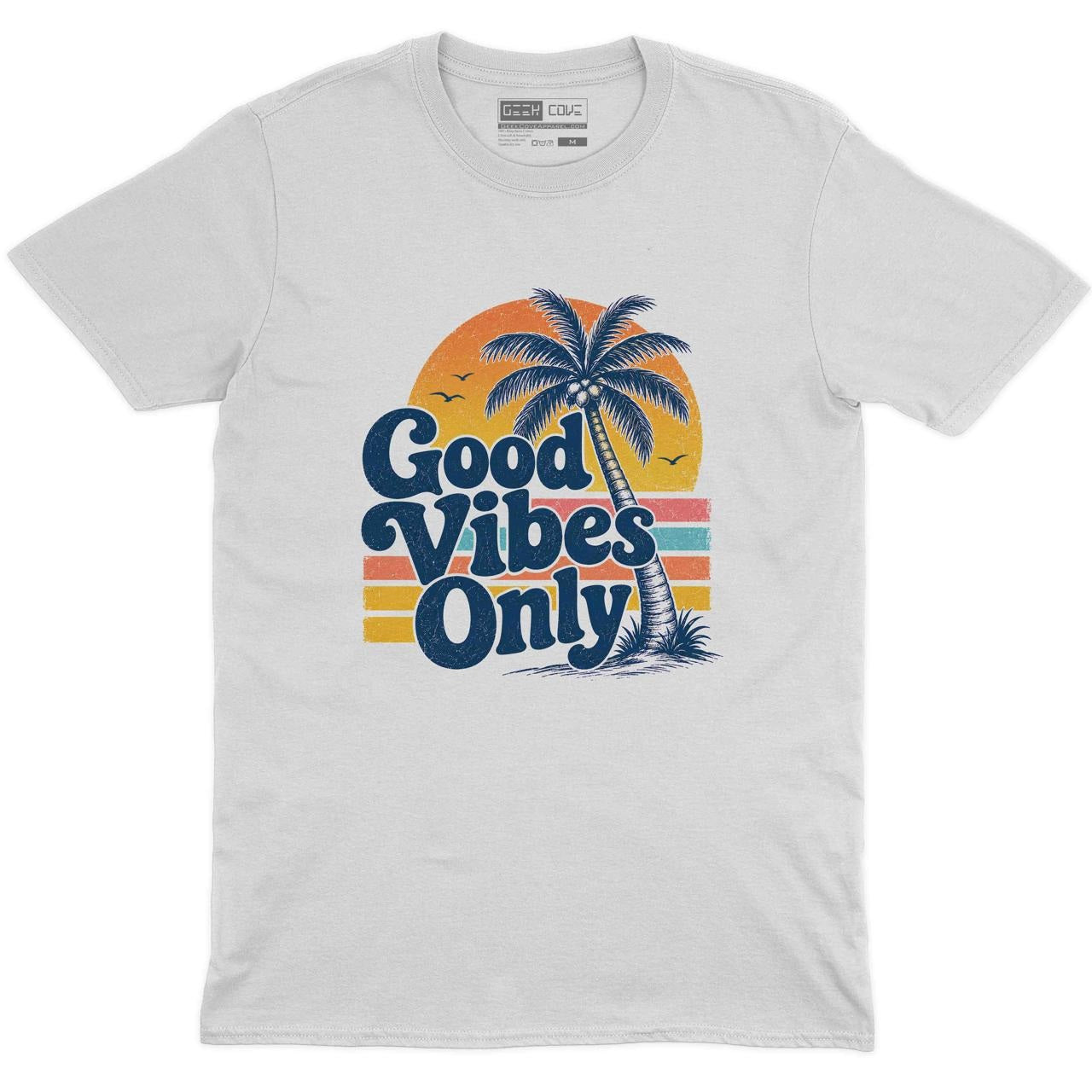 Good Vibes Only Palm Tree Crew Neck Tee in White with Good Vibes Only palm tree sunset beach artwork