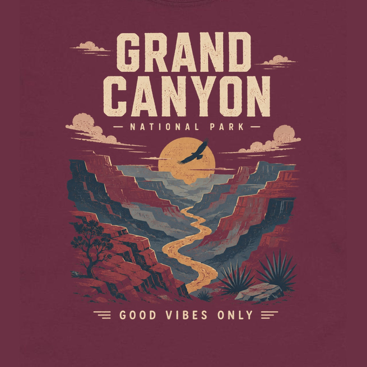 Grand Canyon National Park Crew Neck Tee in Maroon close-up detail of enlarged Grand Canyon National Park artwork