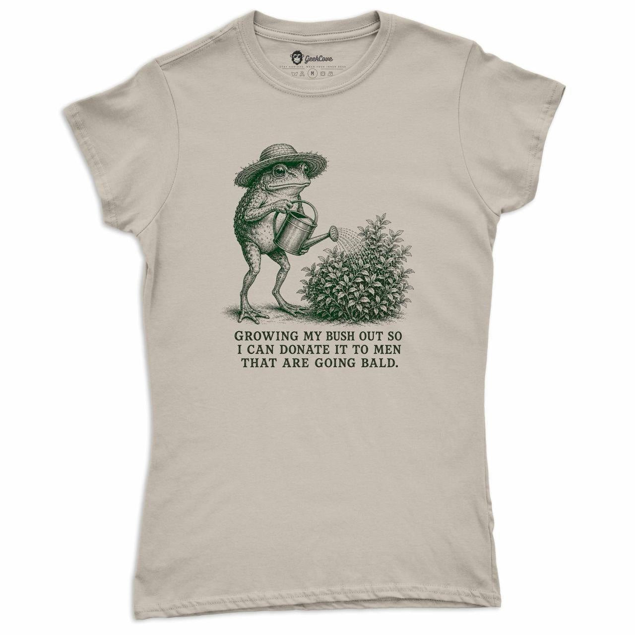 Growing My Bush Out Funny Frog Women’s Crew Neck Tee in Sand with original funny frog graphic tee artwork