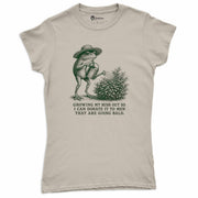 Growing My Bush Out Funny Frog Women’s Crew Neck Tee in Sand with original funny frog graphic tee artwork