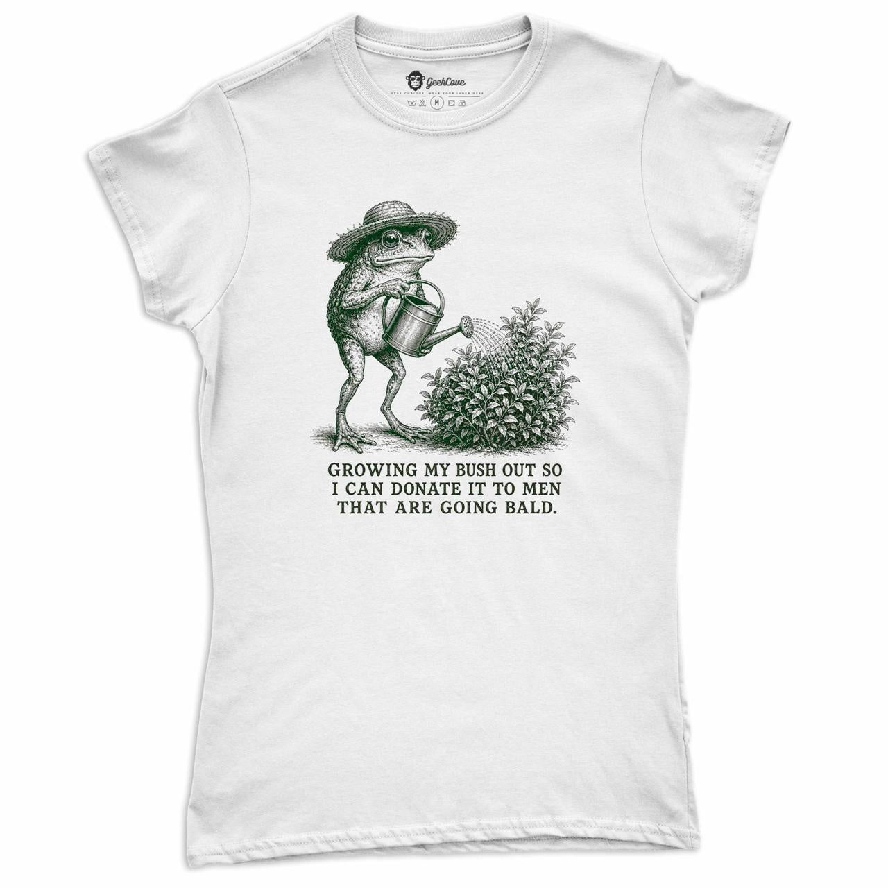 Growing My Bush Out Funny Frog Women’s Crew Neck Tee in White with original funny frog graphic tee artwork