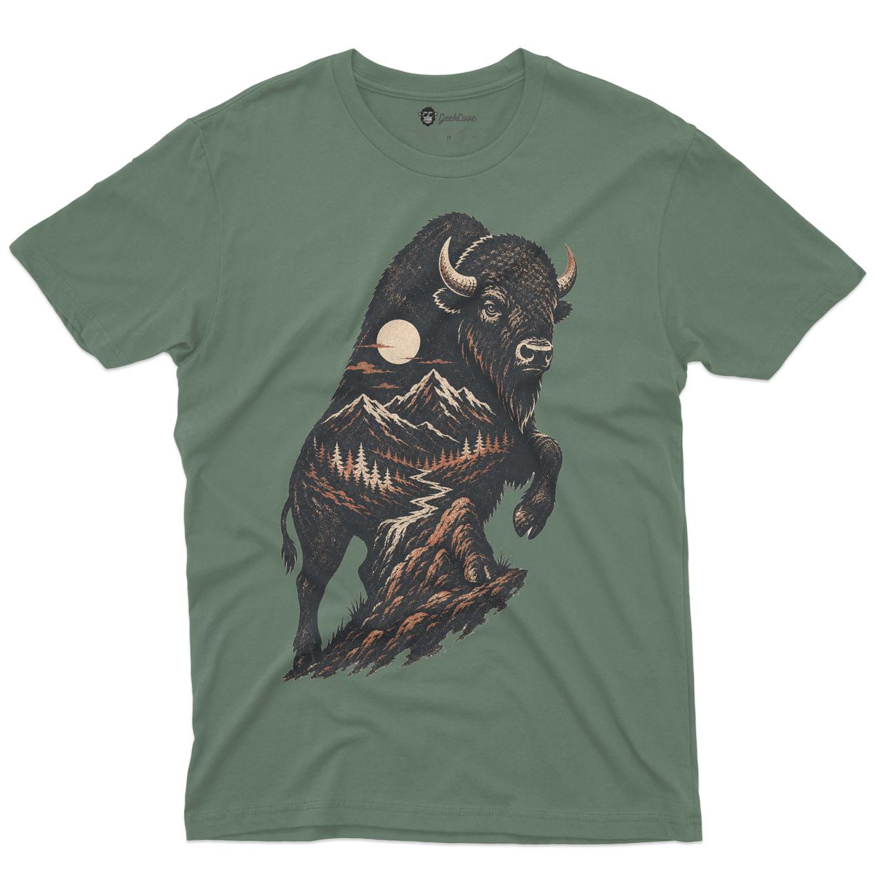High Plains Bison Men’s Crew Neck Tee in Military Green with original bison graphic tee artwork