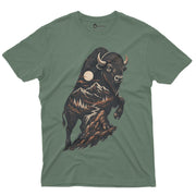 High Plains Bison Men’s Crew Neck Tee in Military Green with original bison graphic tee artwork