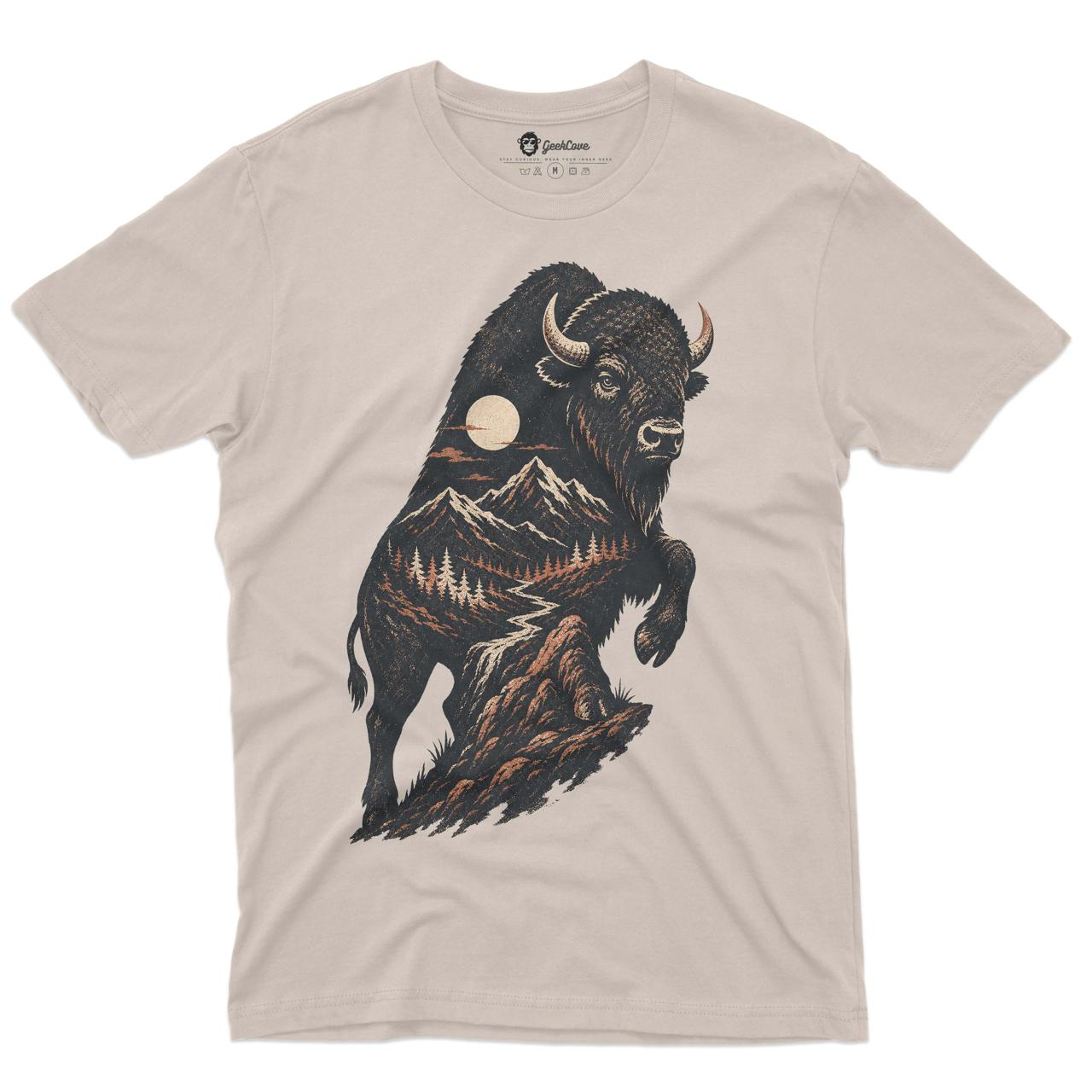 High Plains Bison Men’s Crew Neck Tee in Sand with original bison graphic tee artwork