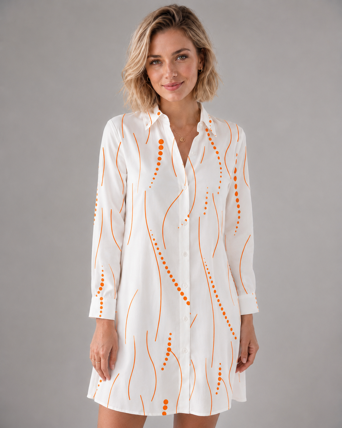Women’s Polka Dot Button-Up Shirt Dress in White Orange with original GeekCove graphic print