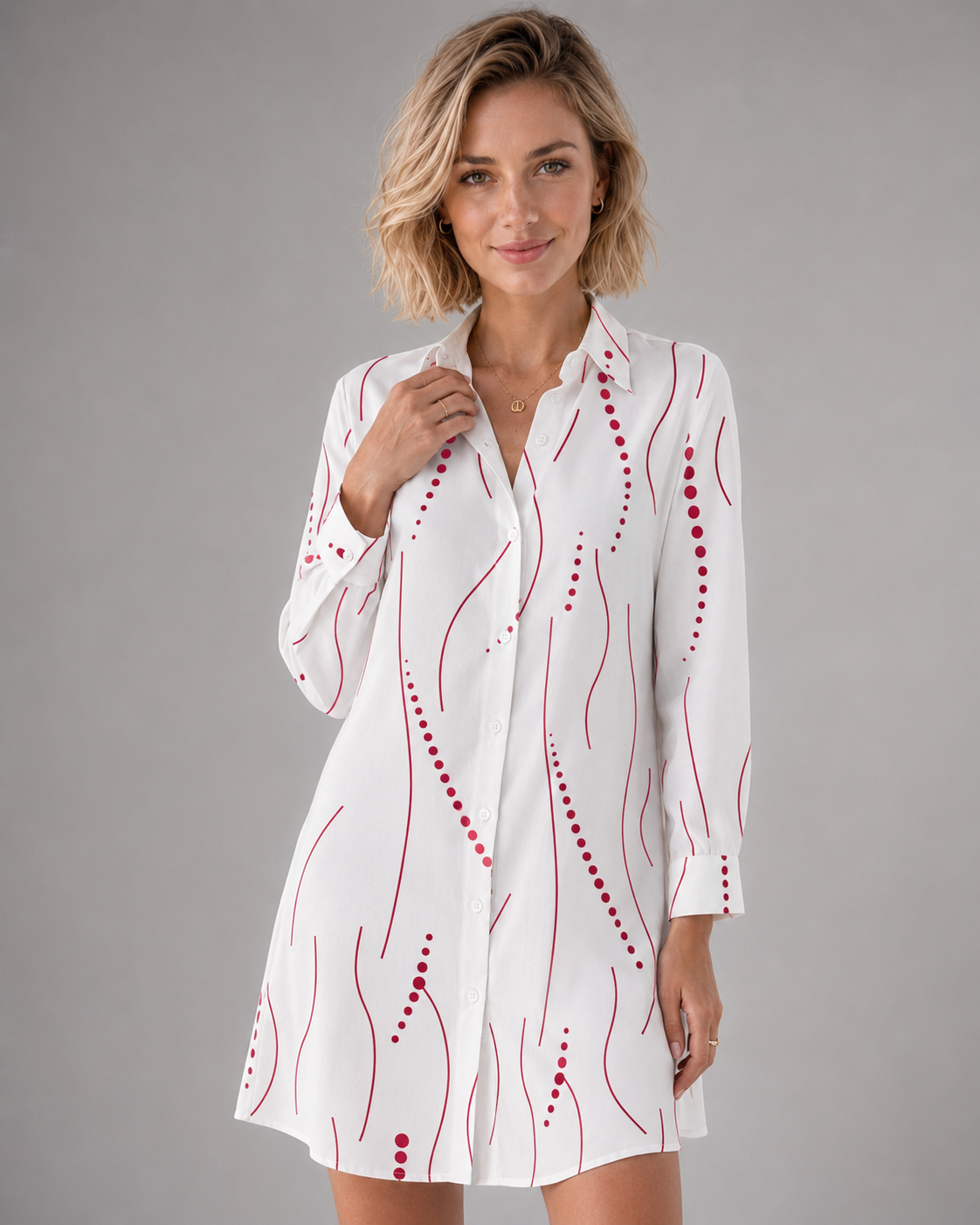 Women’s Polka Dot Button-Up Shirt Dress in White Red with original GeekCove graphic print