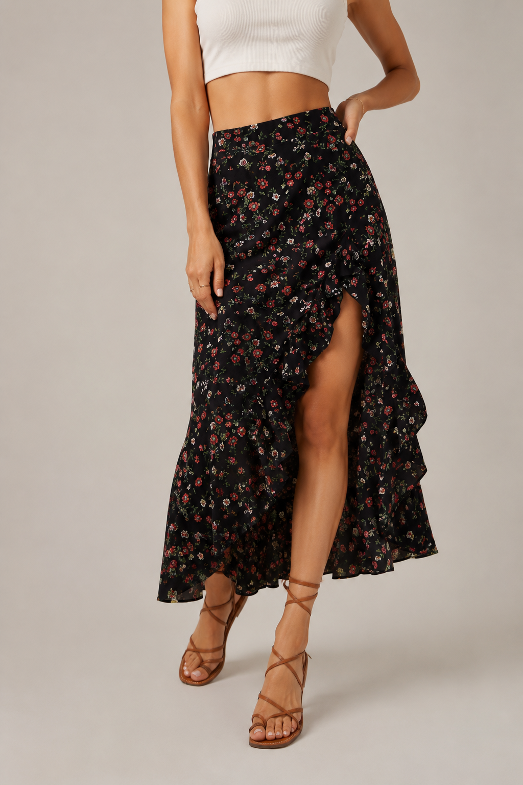 Printed Ruffled Side Slit Skirt in Black with original GeekCove graphic print
