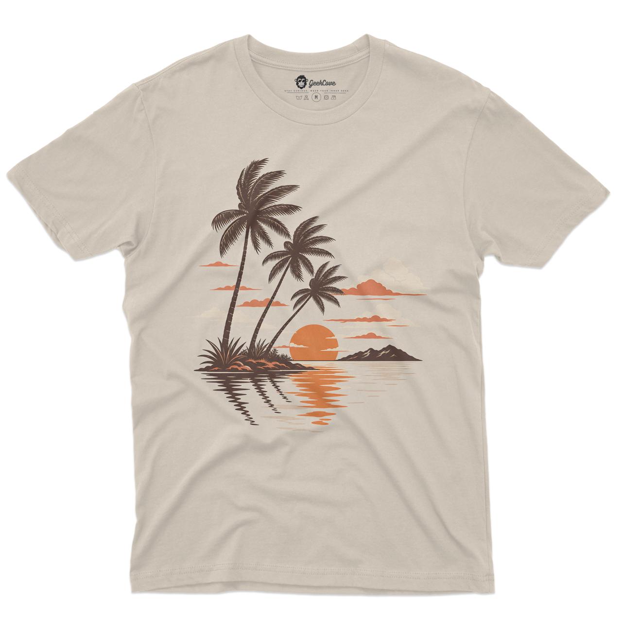 Last Light Palms men’s natural crew neck tee with retro tropical sunset and palm tree artwork