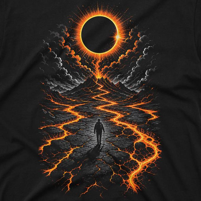 Lava Trail Explorer Men’s Crew Neck Tee artwork close-up - solar eclipse lava trail and lone explorer artwork