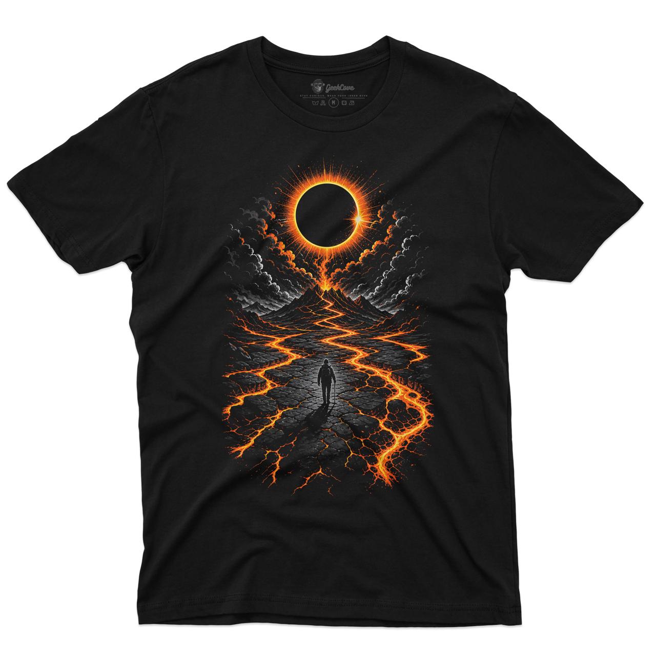Lava Trail Explorer Men’s Crew Neck Tee - black shirt with solar eclipse lava trail and lone explorer artwork