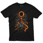 Lava Trail Explorer Men’s Crew Neck Tee - black shirt with solar eclipse lava trail and lone explorer artwork