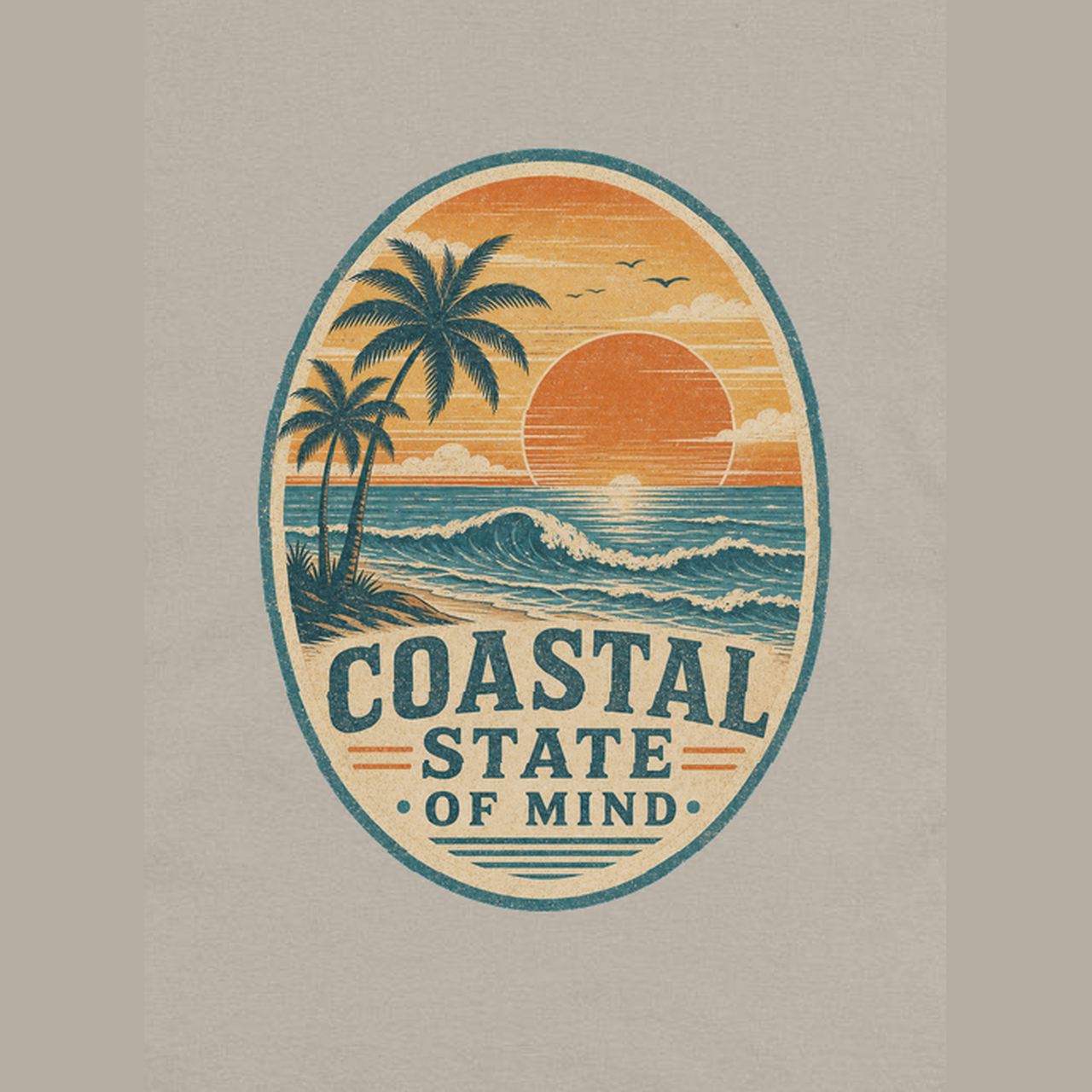 Men Coastal State of Mind Crew Neck Tee in Sand close-up detail of slightly larger Coastal State of Mind screen print on cotton fabric without sleeves