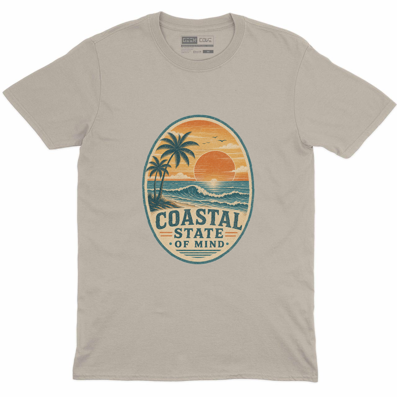 Men Coastal State of Mind Crew Neck Tee in Sand with slightly larger Coastal State of Mind beach artwork