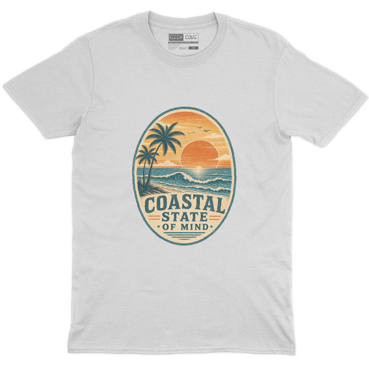 Men Coastal State of Mind Crew Neck Tee in White with slightly larger Coastal State of Mind beach artwork