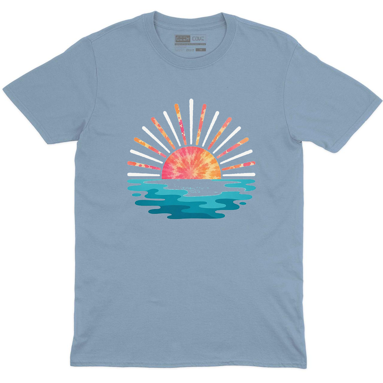 Men blue short sleeve T shirt with sunset palm beach graphic art