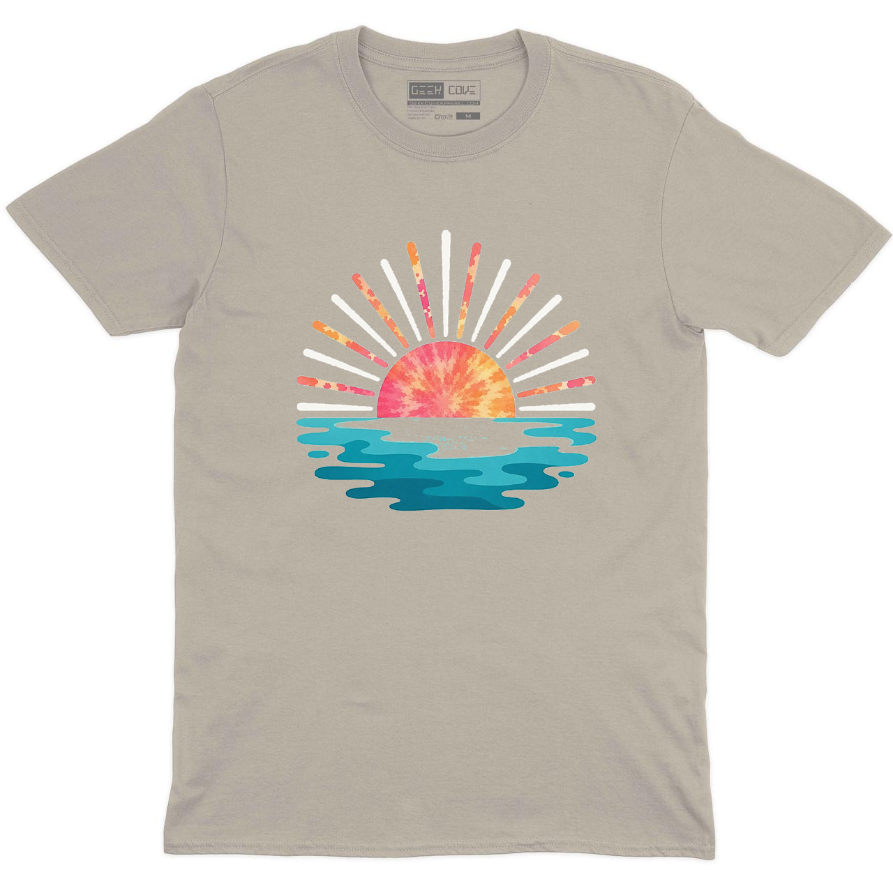 Men tan short sleeve T shirt with sunset ocean palm tree graphic