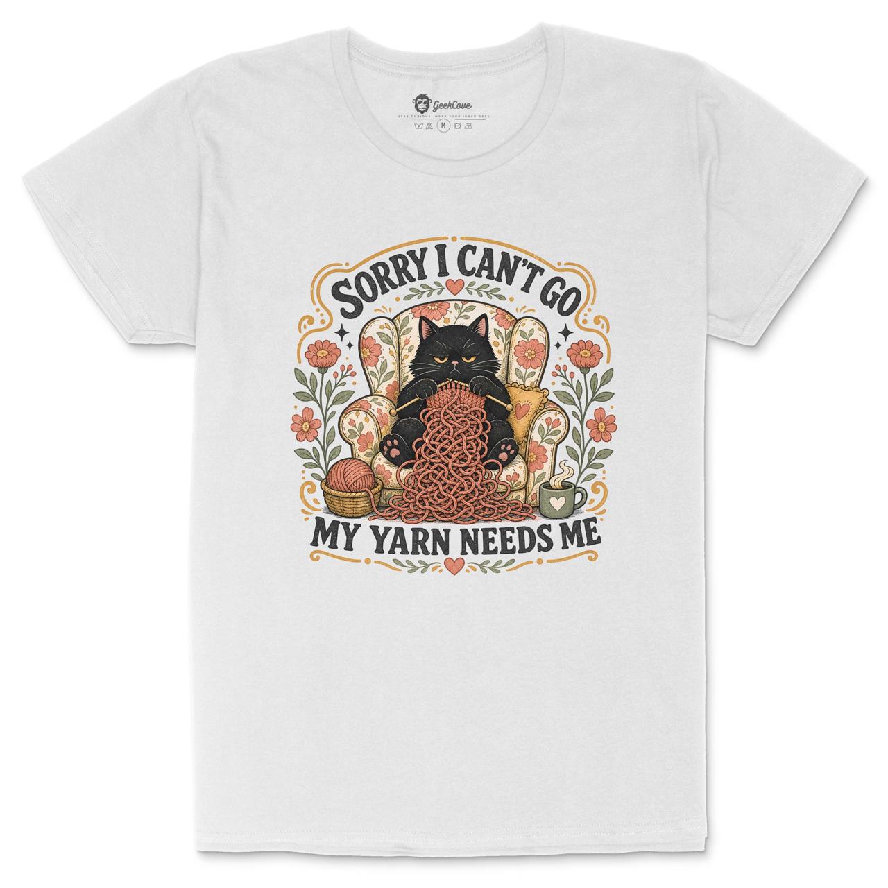 Sorry I Can’t Go My Yarn Needs Me women’s crew neck shirt with black cat knitting artwork in White
