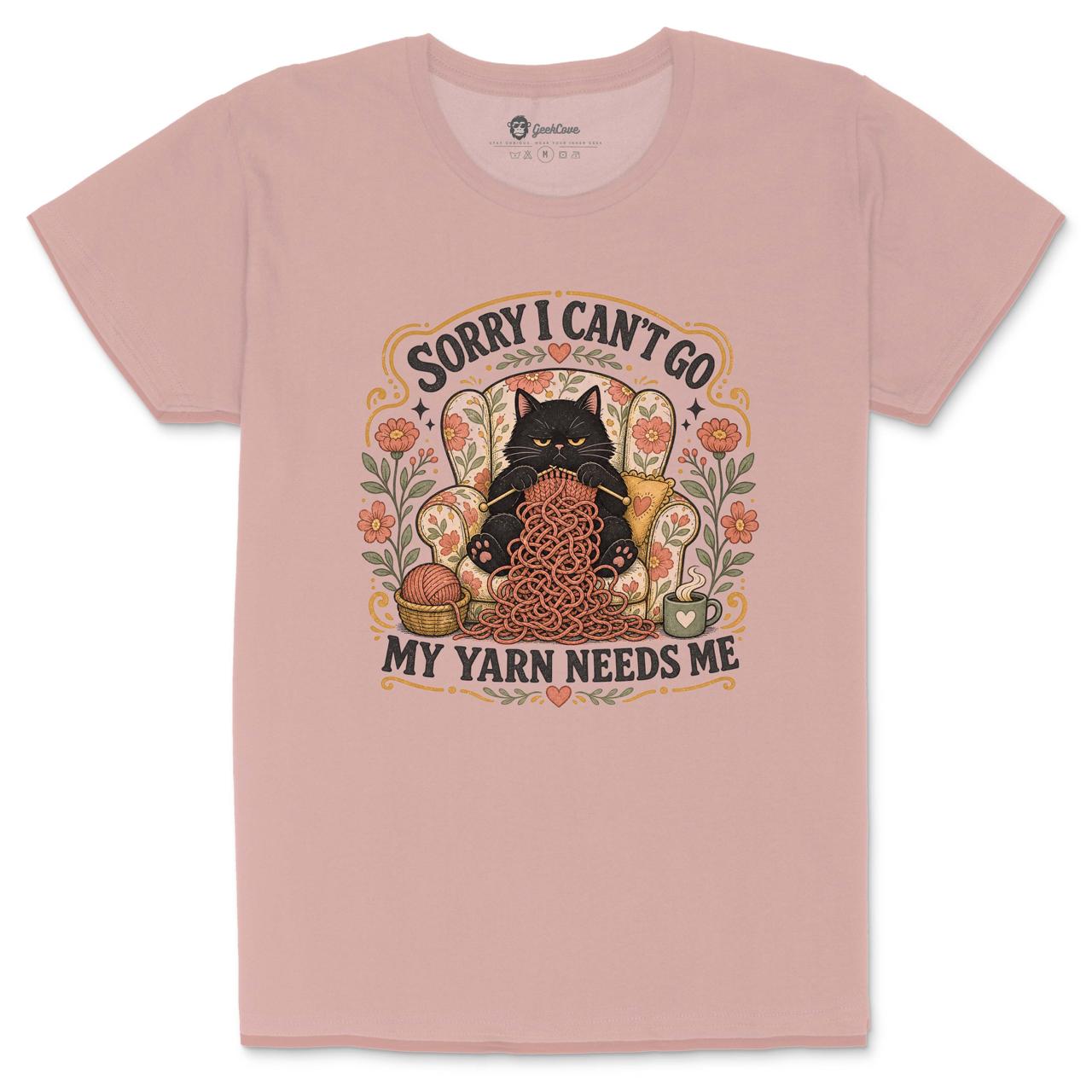 Sorry I Can’t Go My Yarn Needs Me women’s crew neck shirt with black cat knitting artwork in Dusty Rose
