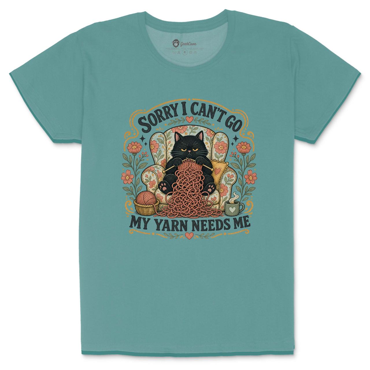 Sorry I Can’t Go My Yarn Needs Me women’s crew neck shirt with black cat knitting artwork in Aquatic