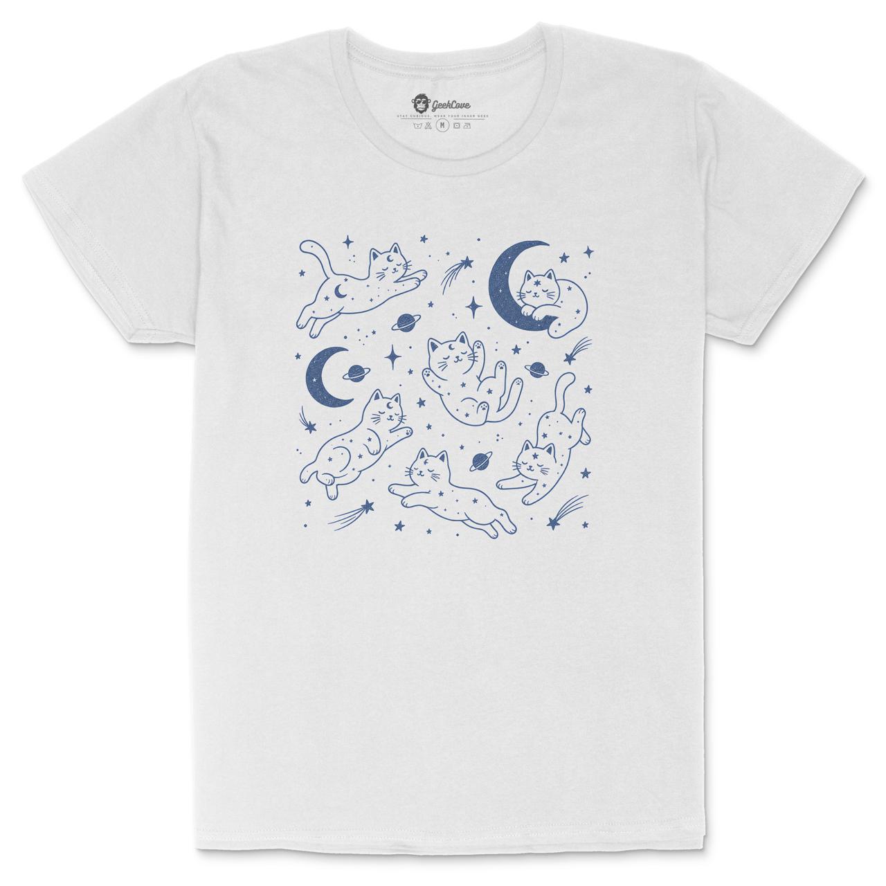 Space Cats with stars and planets women’s crew neck shirt with celestial cat artwork in White