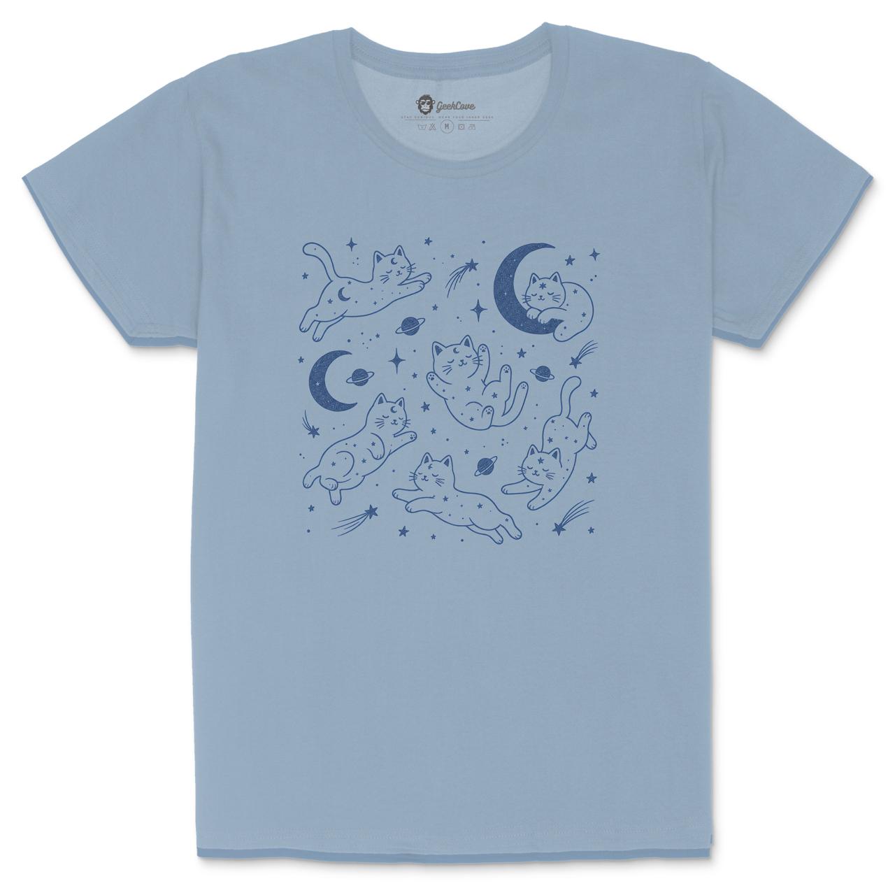 Space Cats with stars and planets women’s crew neck shirt with celestial cat artwork in Light Blue