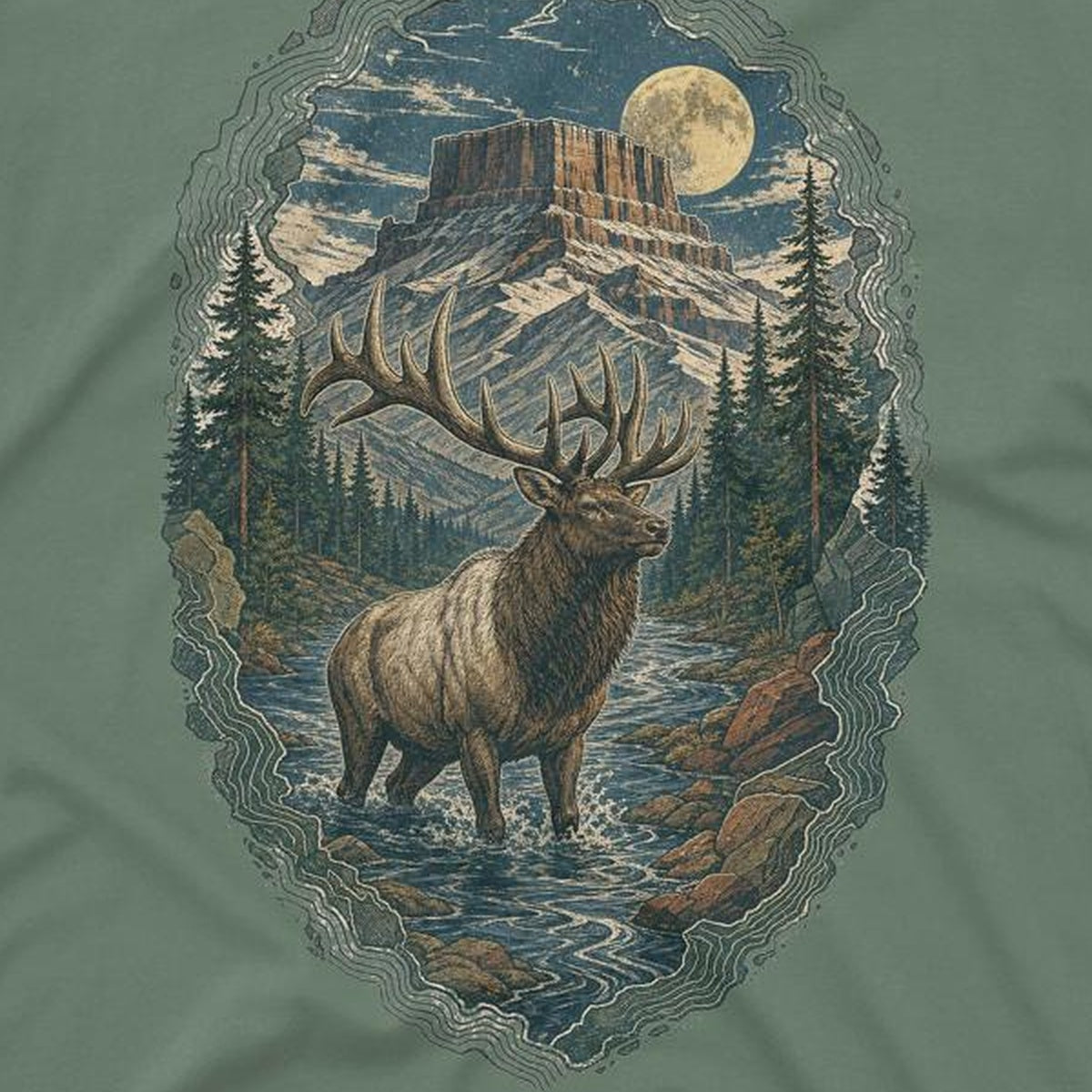 Close-up of elk mountain shirt artwork on cotton fabric