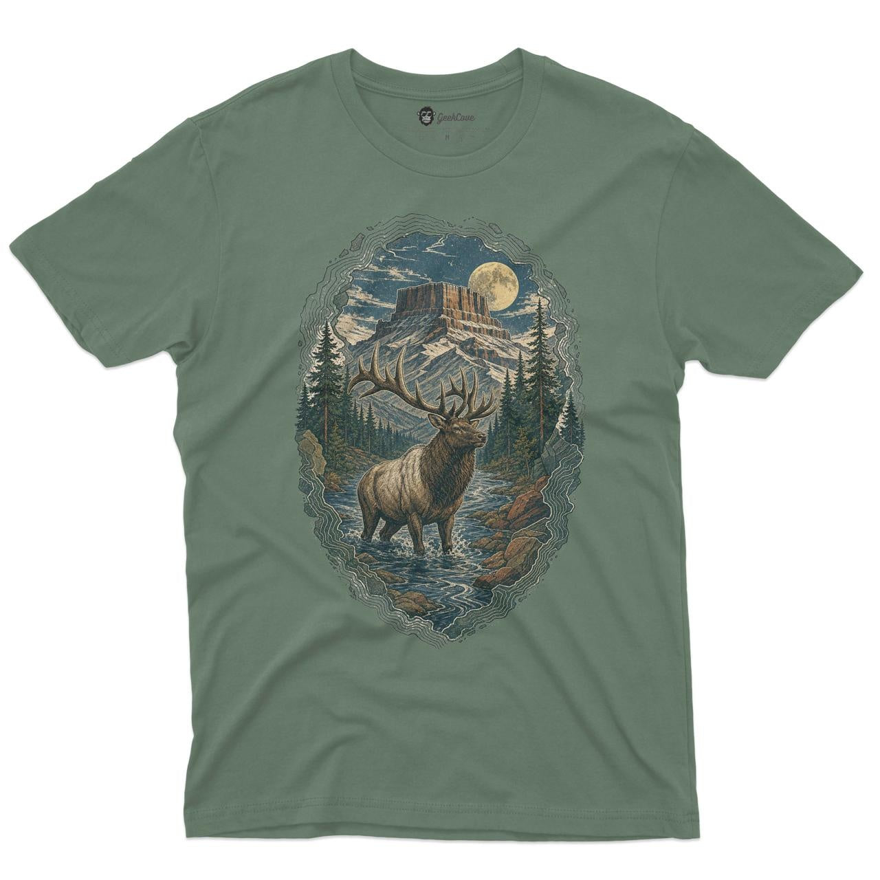 Mesa River Elk Men’s Crew Neck Tee in Military Green with original elk mountain shirt artwork