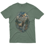 Mesa River Elk Men’s Crew Neck Tee in Military Green with original elk mountain shirt artwork