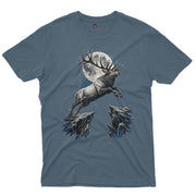 Moonfall Deer Men’s Crew Neck Tee in Indigo Blue with original deer graphic tee artwork