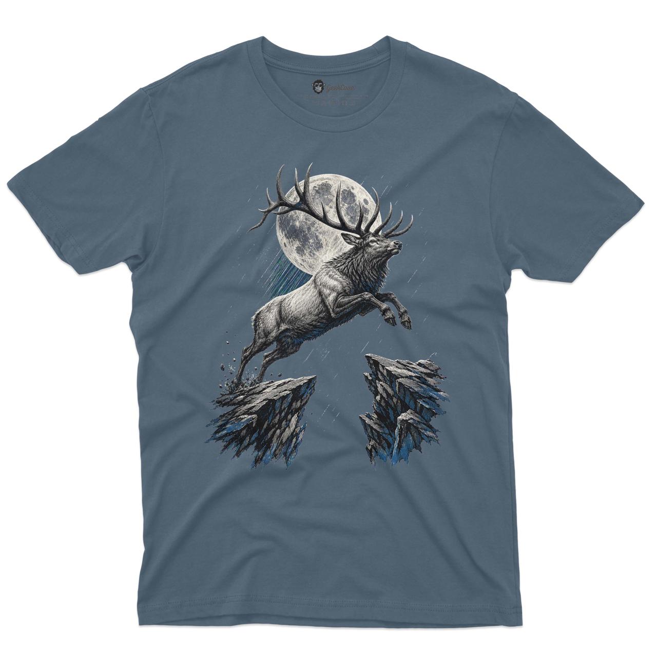 Moonfall Deer Men’s Crew Neck Tee in Indigo Blue with original deer graphic tee artwork