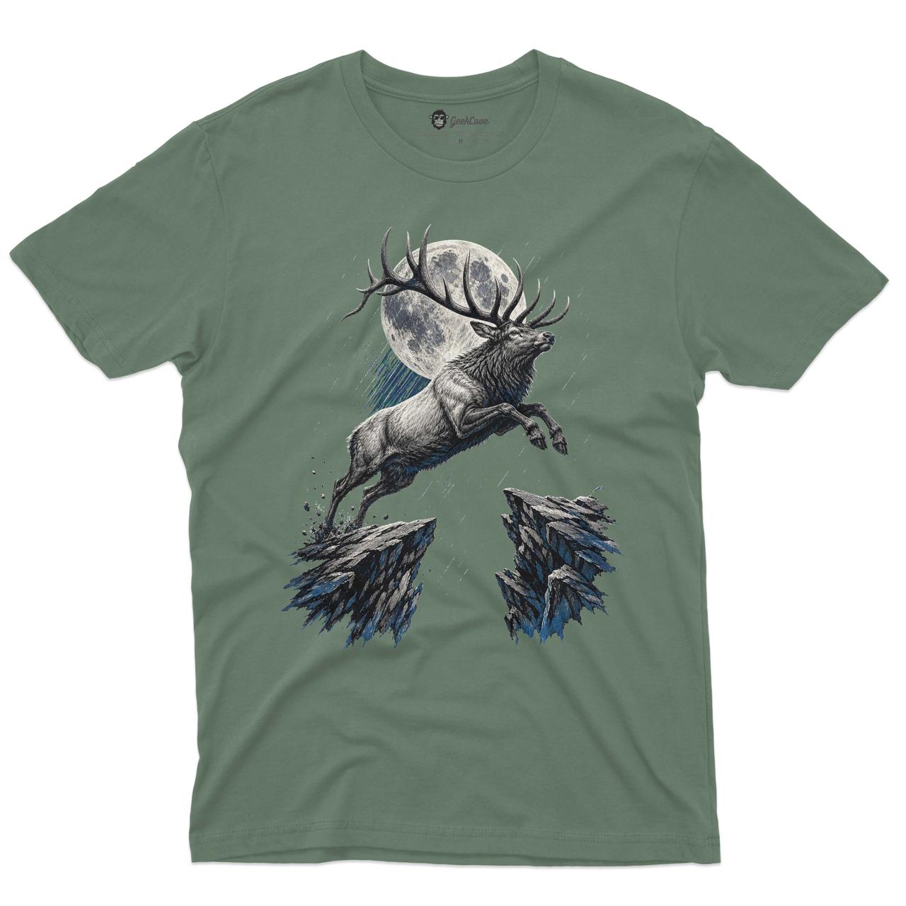 Moonfall Deer Men’s Crew Neck Tee in Military Green with original deer graphic tee artwork