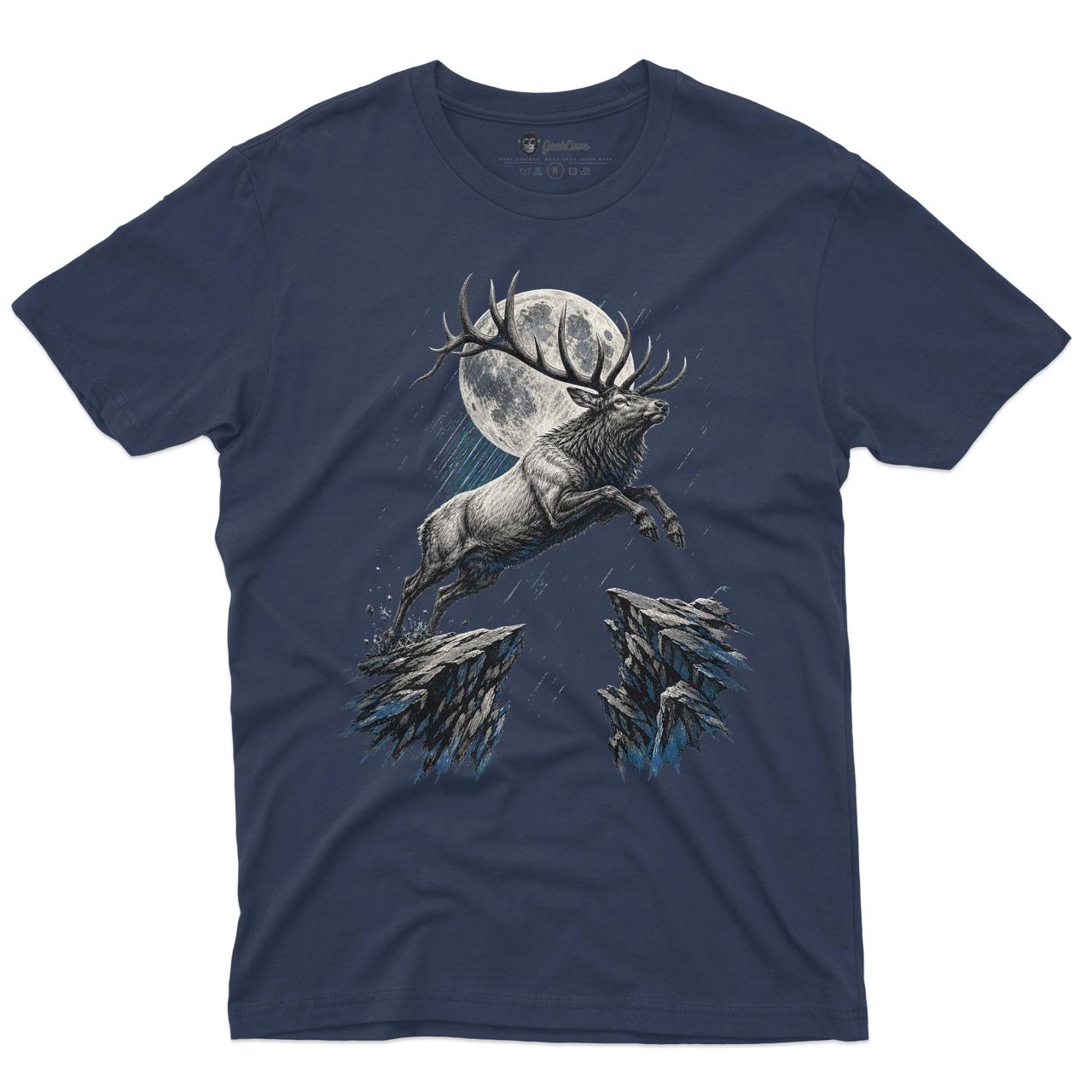 Moonfall Deer Men’s Crew Neck Tee in Navy with original deer graphic tee artwork