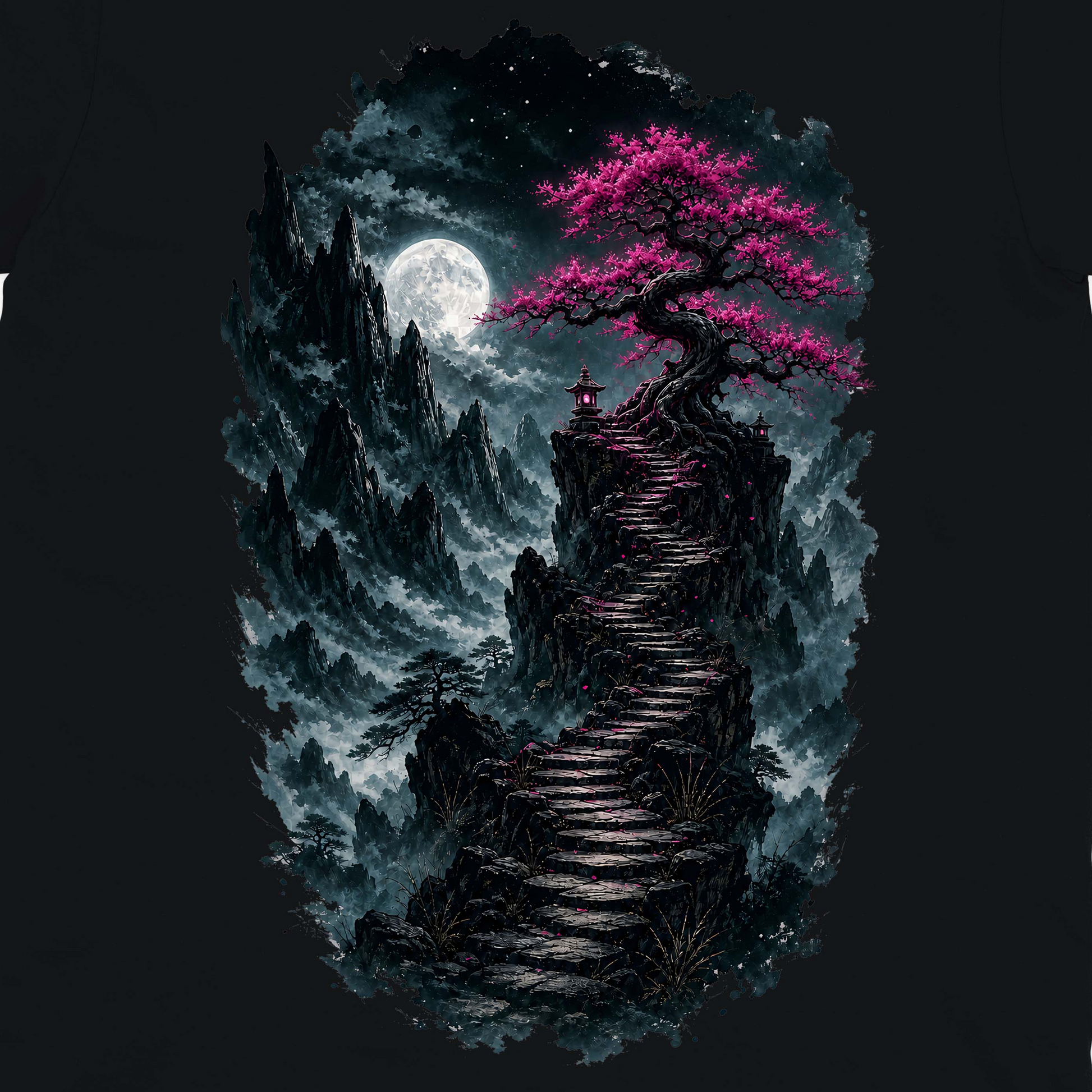 Moonlit Magenta Ascent Crew Neck Tee artwork close-up - moonlit magenta mountain fantasy artwork