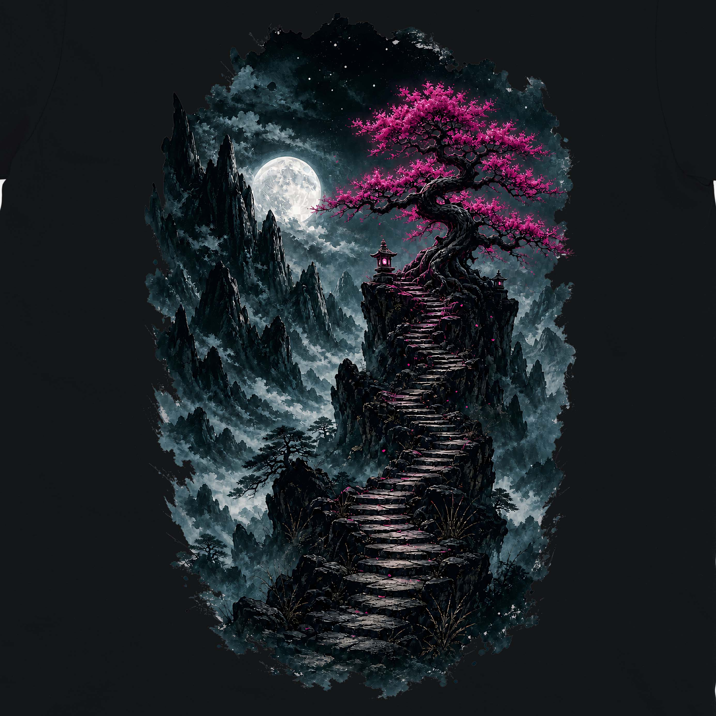 Moonlit Magenta Ascent Crew Neck Tee artwork close-up - moonlit magenta mountain fantasy artwork