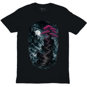Moonlit Magenta Ascent Crew Neck Tee - black shirt with moonlit magenta mountain fantasy artwork