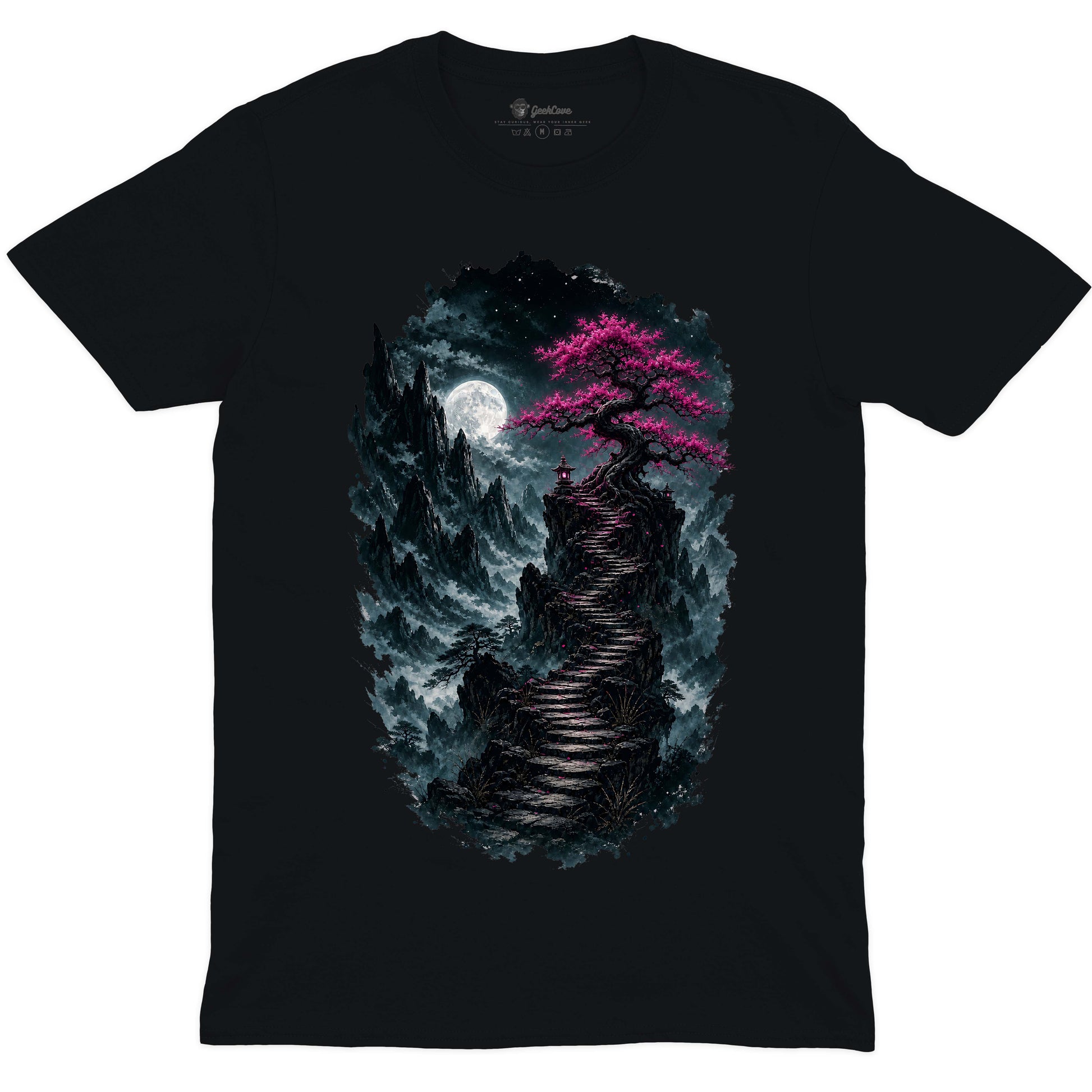 Moonlit Magenta Ascent Crew Neck Tee - black shirt with moonlit magenta mountain fantasy artwork