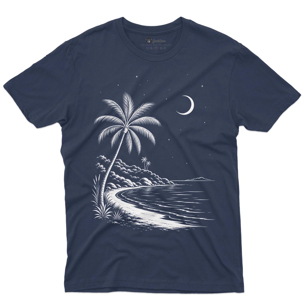 Moonlit Tropical Shore men’s navy crew neck tee with white palm beach crescent moon line artwork
